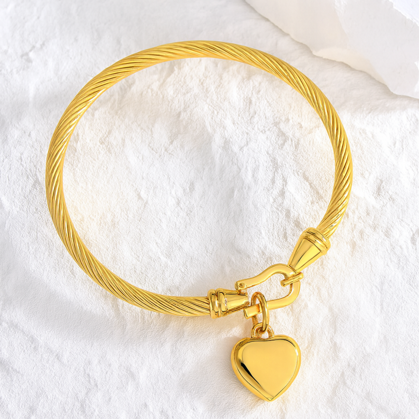 18K Gold Plated Heart Charm Bangle Bracelet