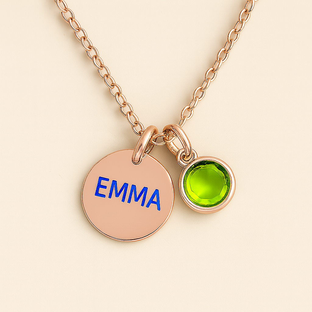 Elegant Birthstone Name Necklace – Personalized Gold, Rose Gold, Silver Charm with Birthstone