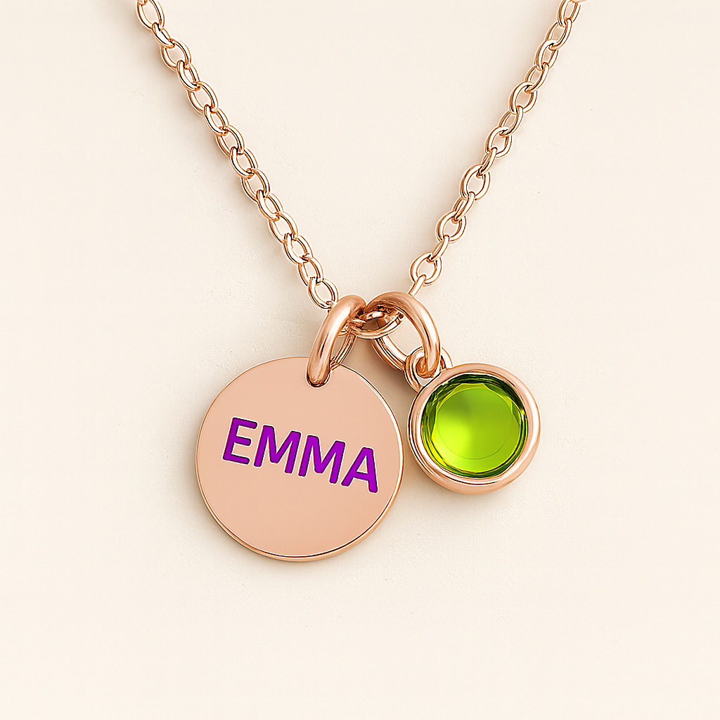 Elegant Birthstone Name Necklace – Personalized Gold, Rose Gold, Silver Charm with Birthstone
