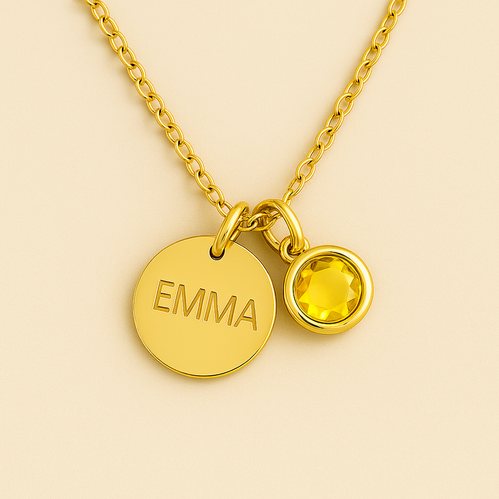 Elegant Birthstone Name Necklace – Personalized Gold, Rose Gold, Silver Charm with Birthstone