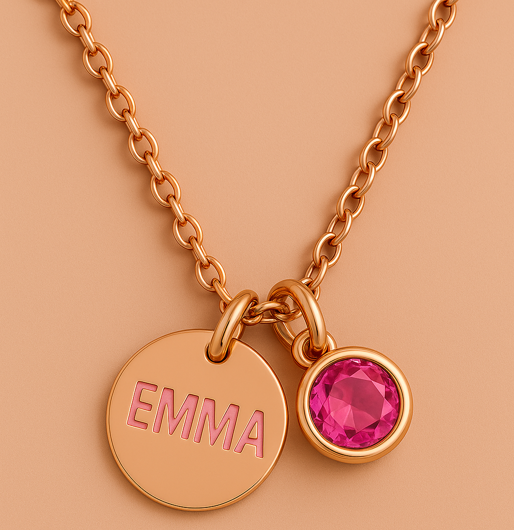 Elegant Birthstone Name Necklace – Personalized Gold, Rose Gold, Silver Charm with Birthstone
