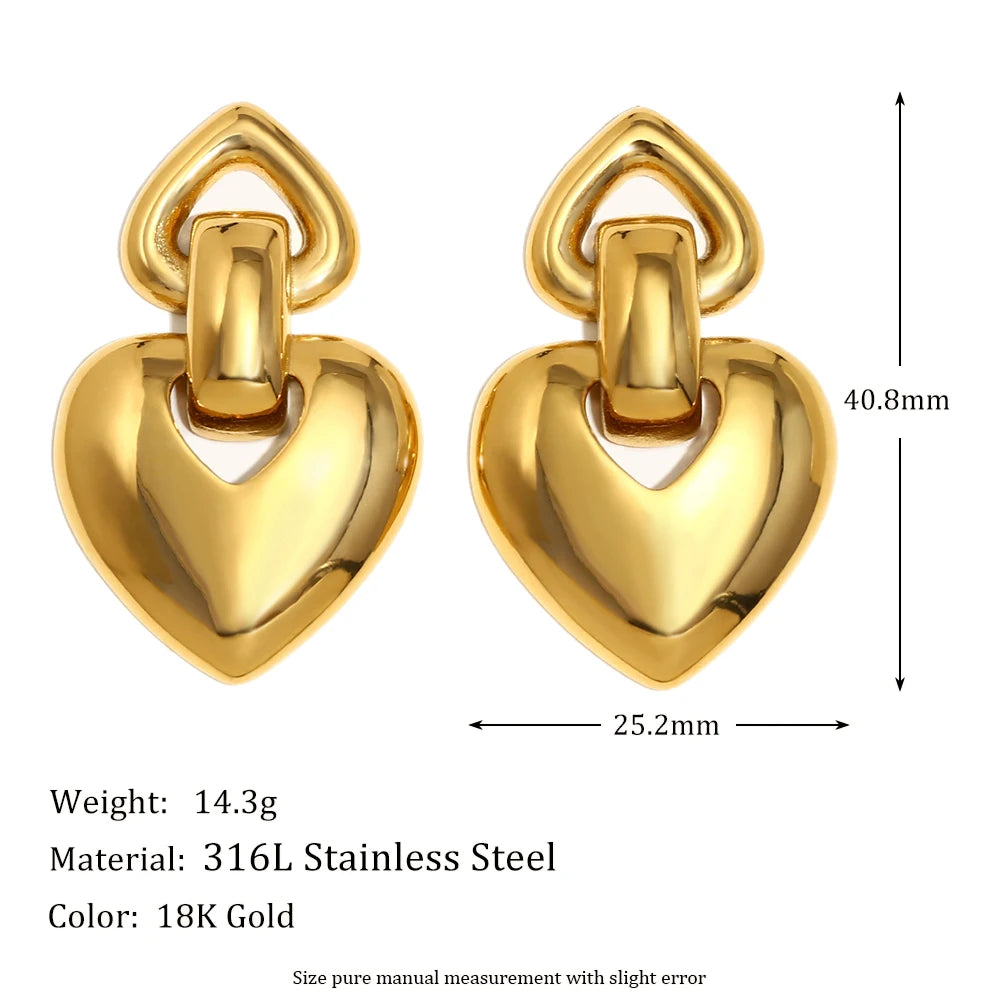MamacitaSlay 18K Gold Plated Stainless Steel Heart Shaped Earrings Party Waterproof Jewelry Women's Charm Statement Earrings