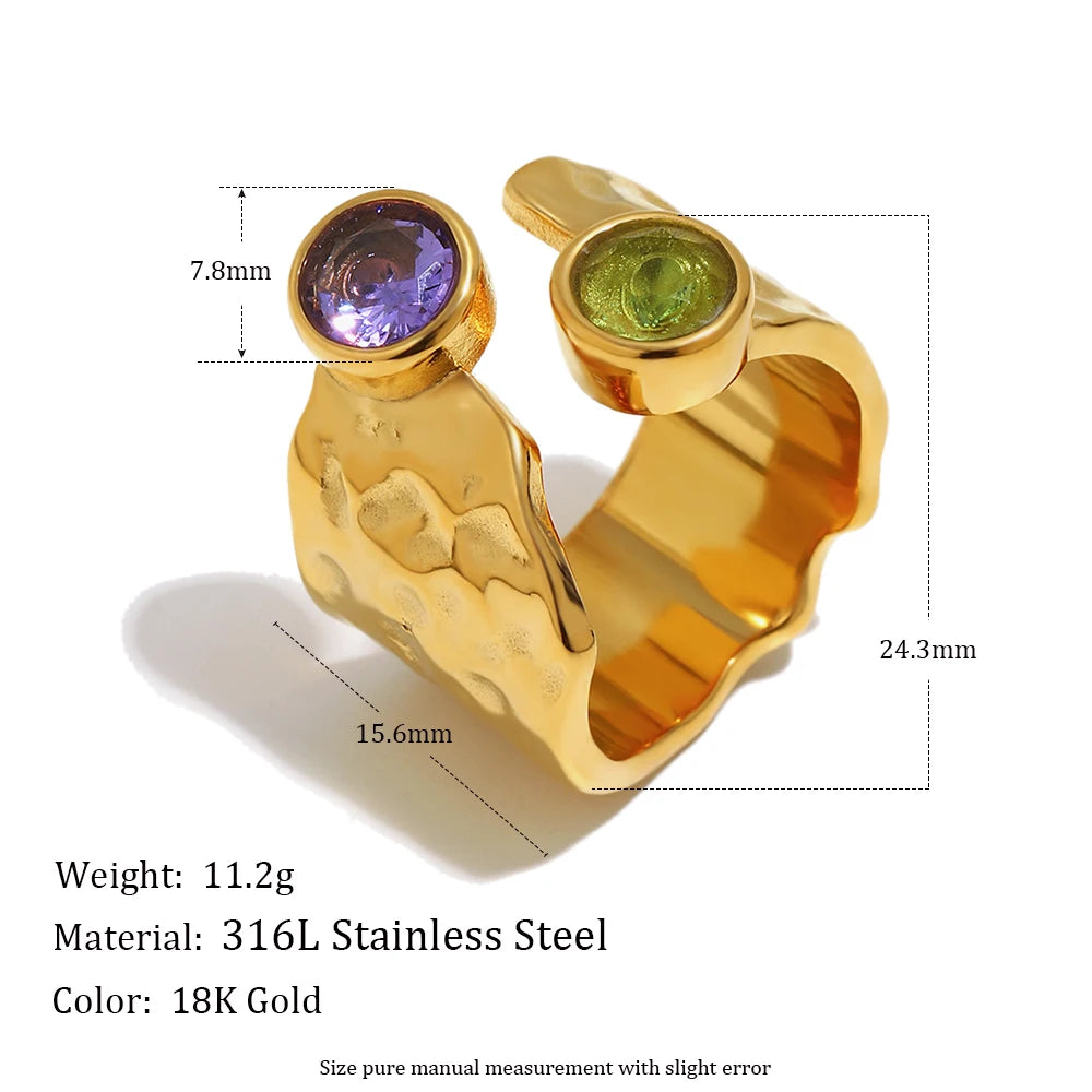 MamacitaSlay 316L Stainless Steel Hammered Texture Asymmetric Zircon Ring 18K Gold Plated Waterproof Vintage Jewelry For Women