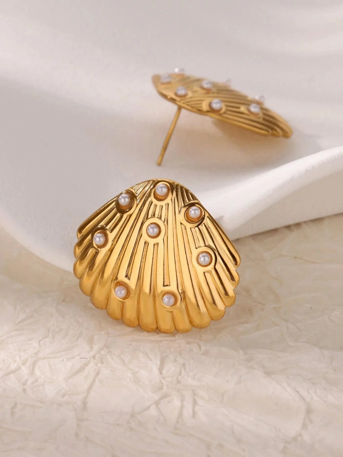 Golden Shell Pearl Stud Earrings