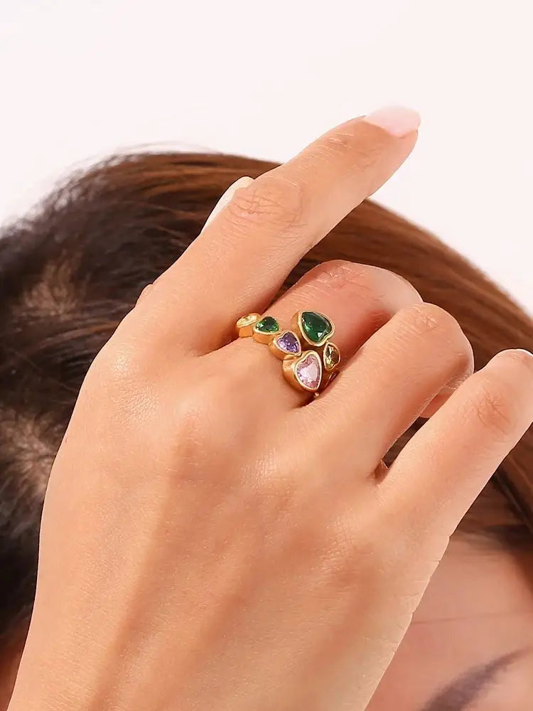 MamacitaSlay 316L Stainless Steel Zircon Heart Opening Ring 2025 Party Waterproof 18K Gold Plated Jewelry Women's Elegant Gift