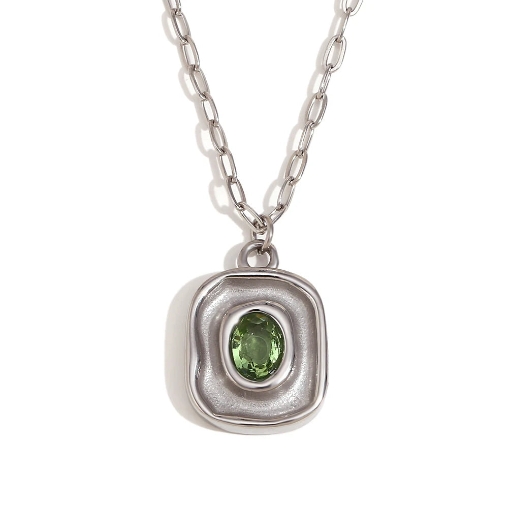 MamacitaSlay Retro Irregular Pendant Round Green Zircon Paper Clip Chain Women's Necklace Trendy Women's Stainless Steel Jewelry