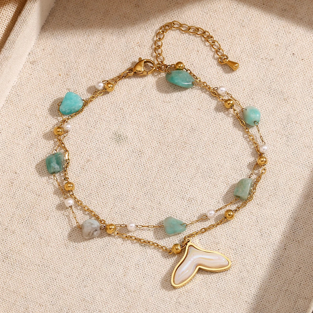 MamacitaSlay 18K Gold Plated Stainless Steel Natural Stone Double Layer Fishtail Anklet Chain Beach Party Waterproof Jewelry