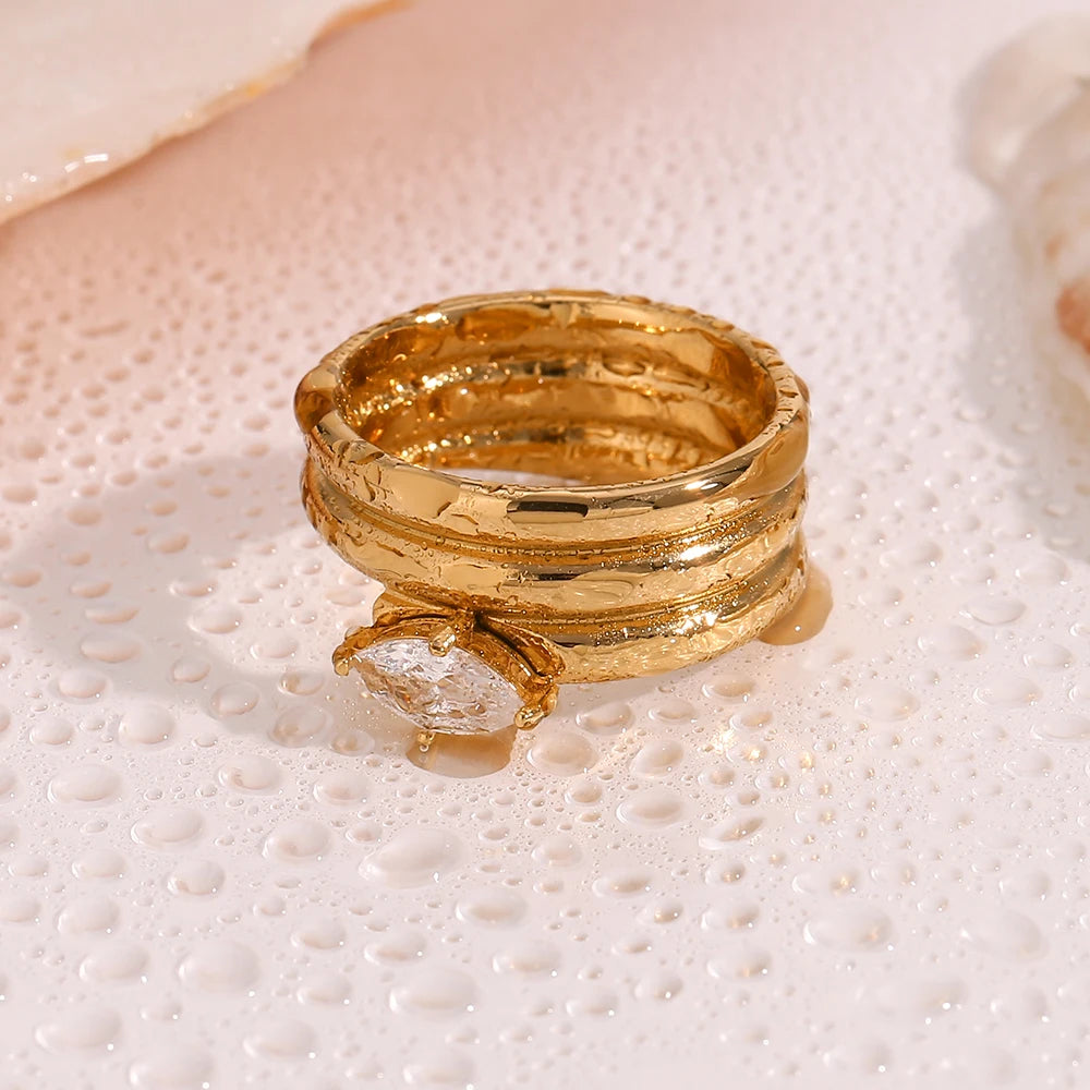 MamacitaSlay Unique 316L Stainless Steel Zircon Multilayer Wide Edge Ring Waterproof 18K Gold Plated Jewelry Women's Charm Ring
