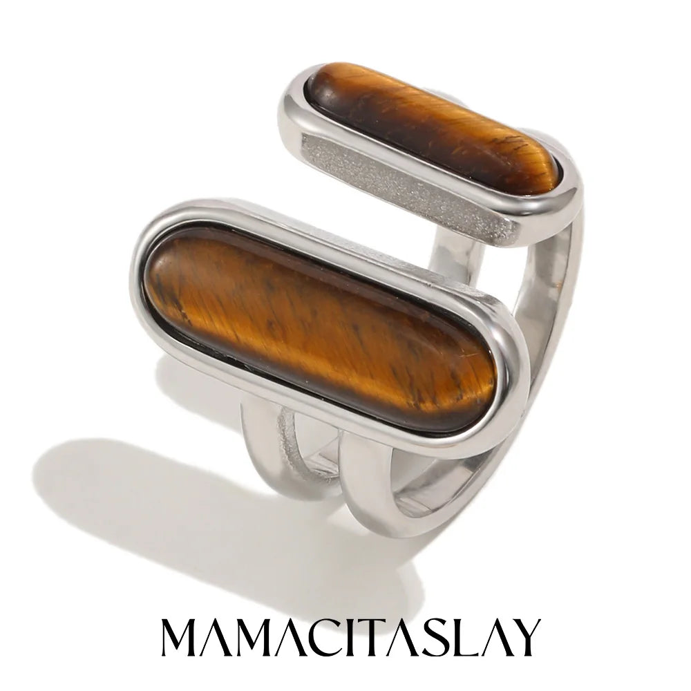 MamacitaSlay 316L Stainless Steel Tiger Eye Asymmetric Ring 18K Gold Plated Waterproof Vintage Jewelry For Women Everyday Wear