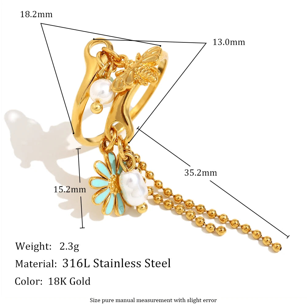 MamacitaSlay 316L Stainless Steel Pearl Flower Insect Tassel Ring Creative Waterproof Jewelry Women's Elegant Adjustable Ring