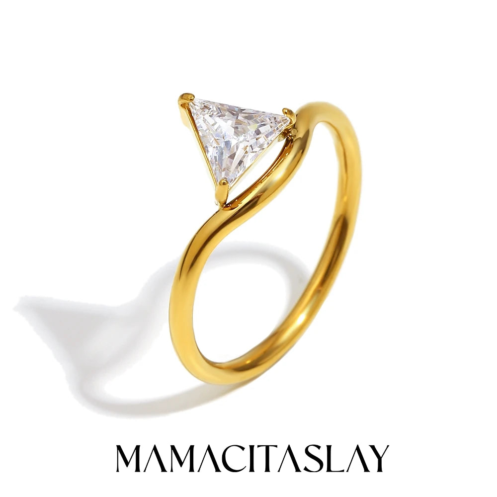MamacitaSlay 316L Stainless Steel Water Drop Circular Triangle Zircon Wave Ring 18K Gold Plated Waterproof Jewelry For Women