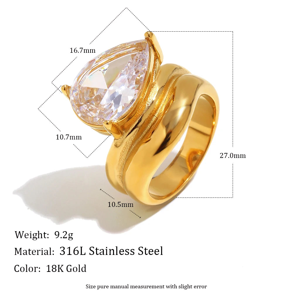 Mamacitaslay 316L Stainless Steel Pear Cut Zircon Geometric Ring 18K Gold Plated Waterproof Jewelry For Women Banquet Party Wear