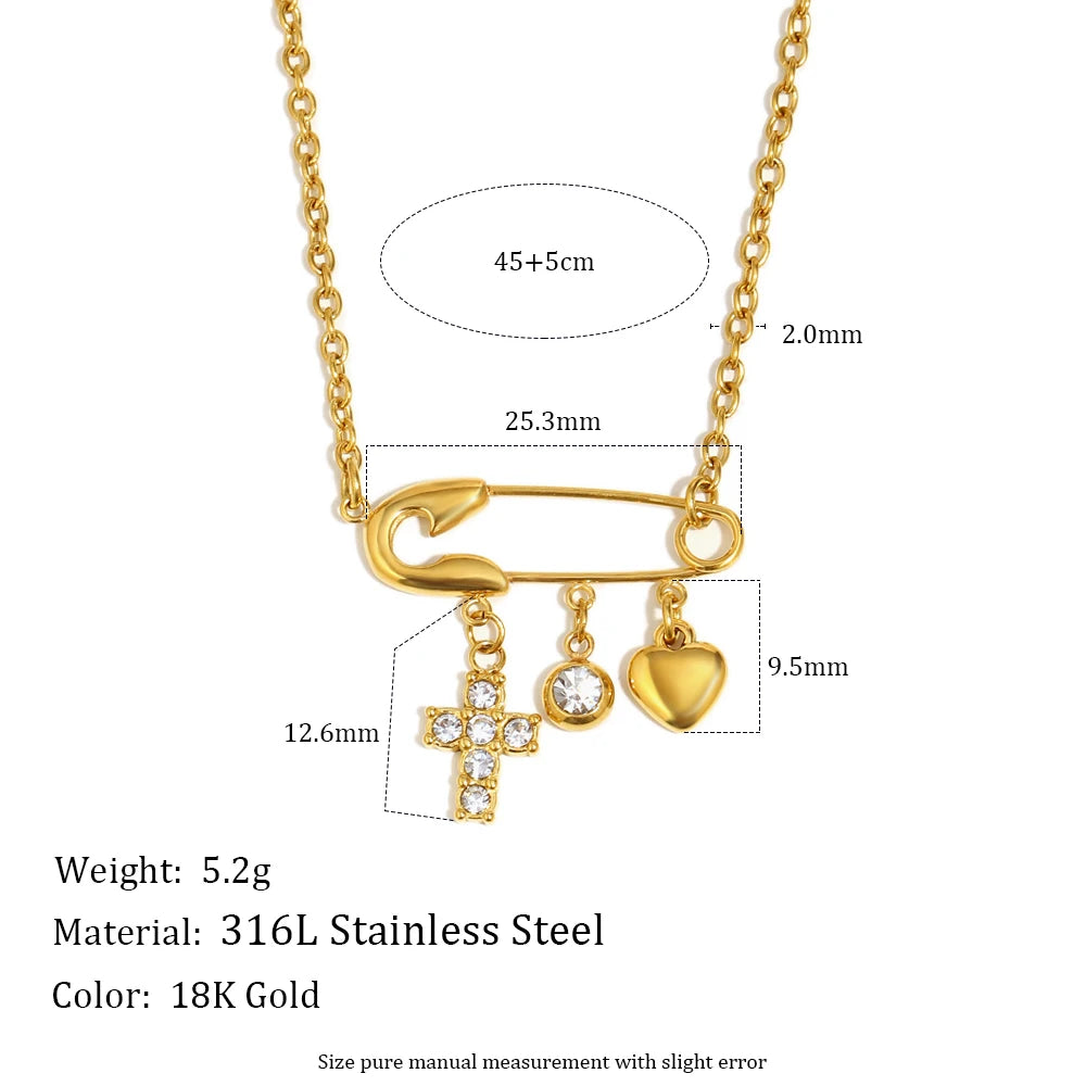 MamacitaSlay 316L Stainless Steel Zircon Paper Clip Key Lock Cross Pendant Necklace Waterproof Jewelry Women's Creative Necklace