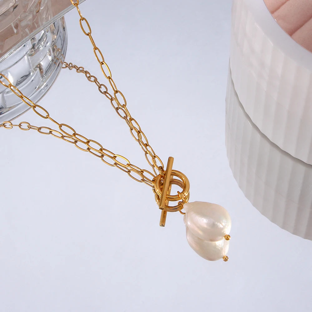 MamacitaSlay Elegant Baroque Freshwater Pearl Pendant Necklace OT Buckle 18K Gold Plated Waterproof Stainless Steel Necklace