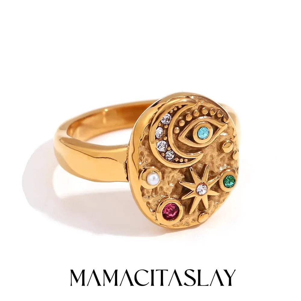 MamacitaSlay Unique 316L Stainless Steel Star Moon Evil Eye Zircon Necklace Ring 18K Gold Plated Waterproof Jewelry For Women