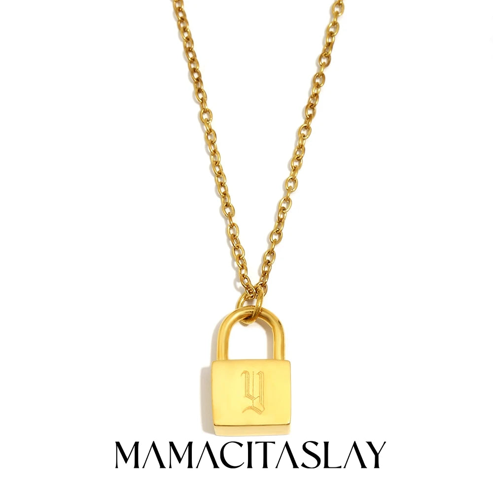 MamacitaSlay 316L Stainless Steel Ancient Letters Engaged Lock Pendant Necklace 18K Gold Plated Waterproof Neck Jewelry Gift