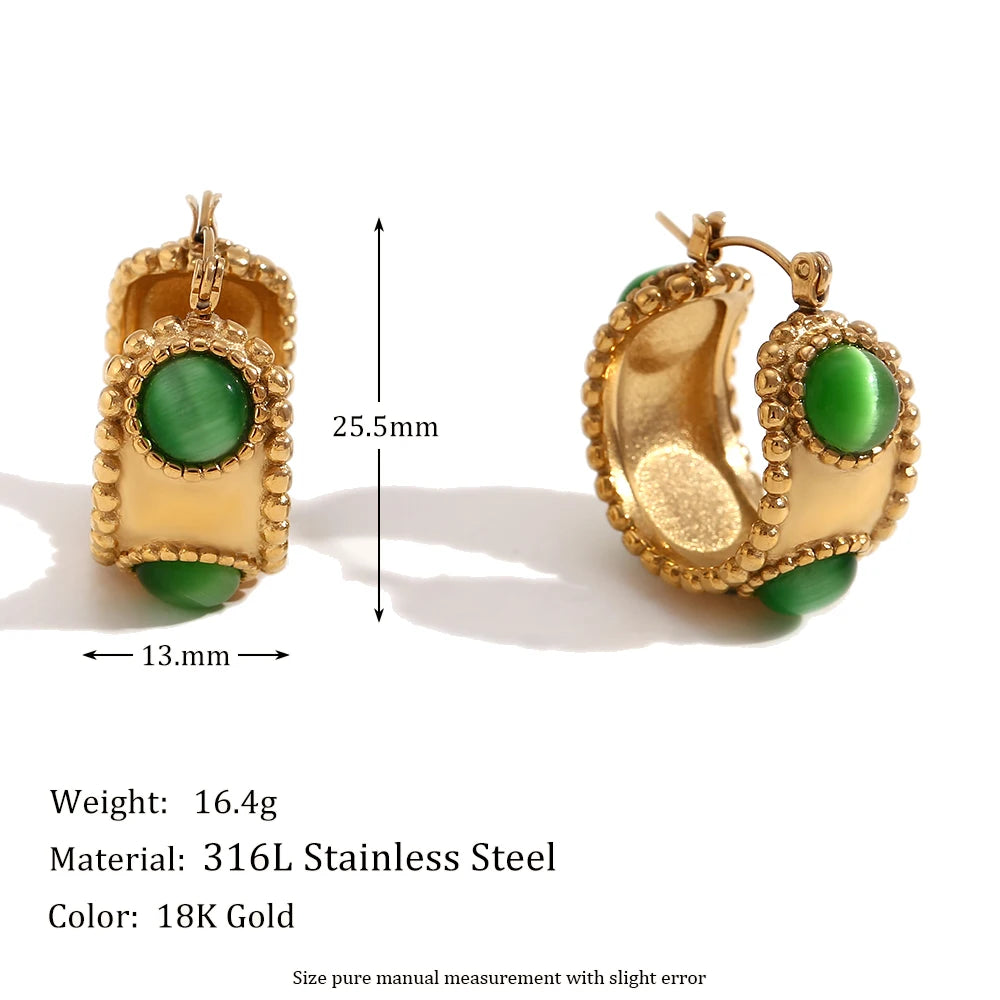 MamacitaSlay 316L Stainless Steel Retro Agate Beaded Edge Hoop Earrings 18K Gold Plated Waterproof Jewelry For Women Daily Wear