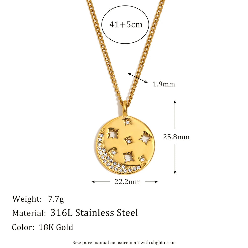 MamacitaSlay Minimalist Stainless Steel Zircon Sun Moon Star Zircon Pendant Necklace Creative Waterproof Jewelry Women's Gift