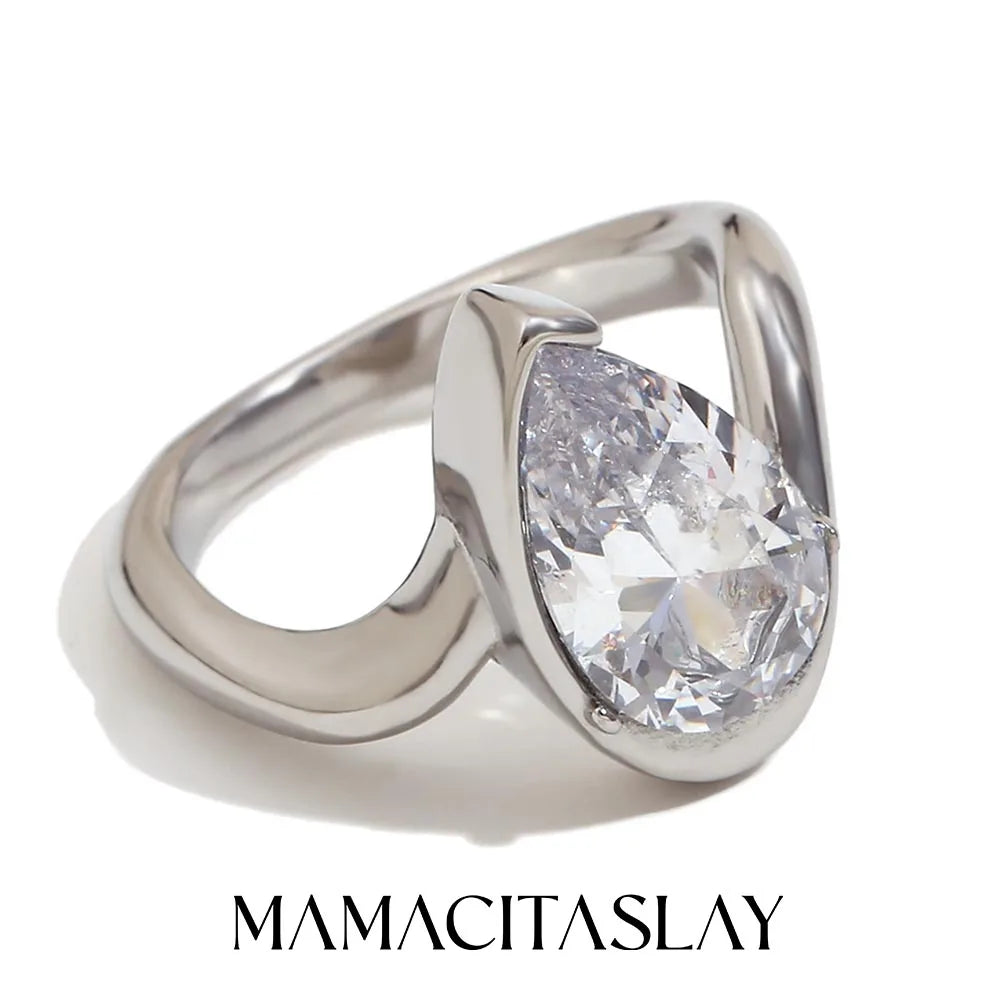 MamacitaSlay 316L Stainless Steel CZ Solitaire Stackable Ring 18K Gold Plated Waterproof Jewelry For Women Elegant Daily Wear