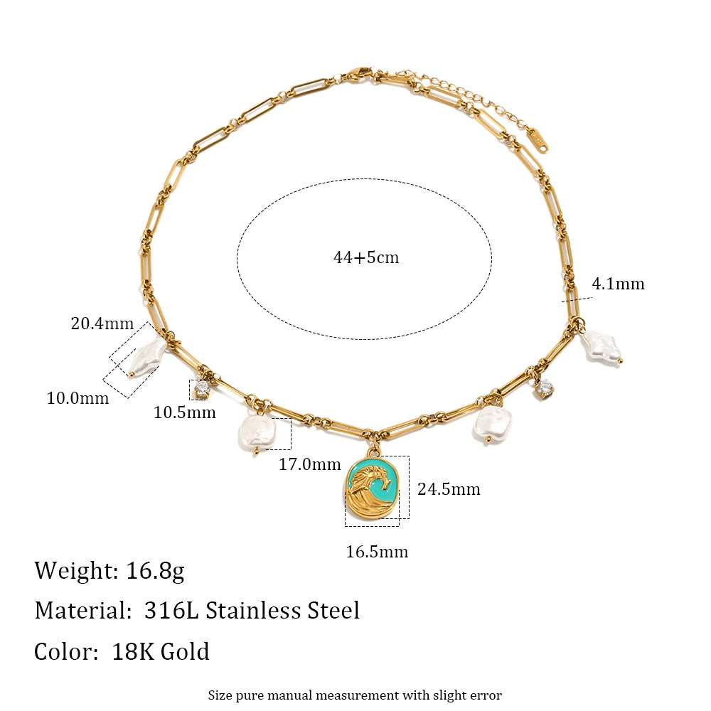 MamacitaSlay 316L Stainless Steel Baroque Pearl Enamel Pendant Bracelet Necklace 18K Gold Plated Waterproof Jewelry For Women