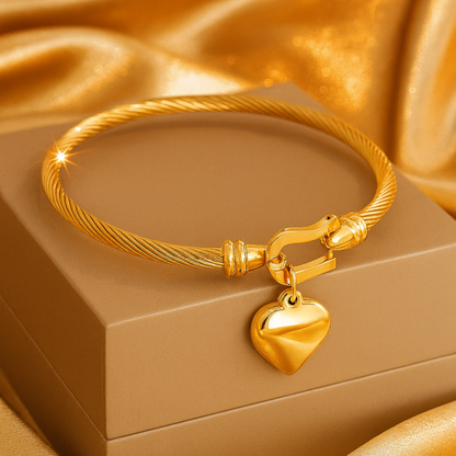 18K Gold Plated Heart Charm Bangle Bracelet