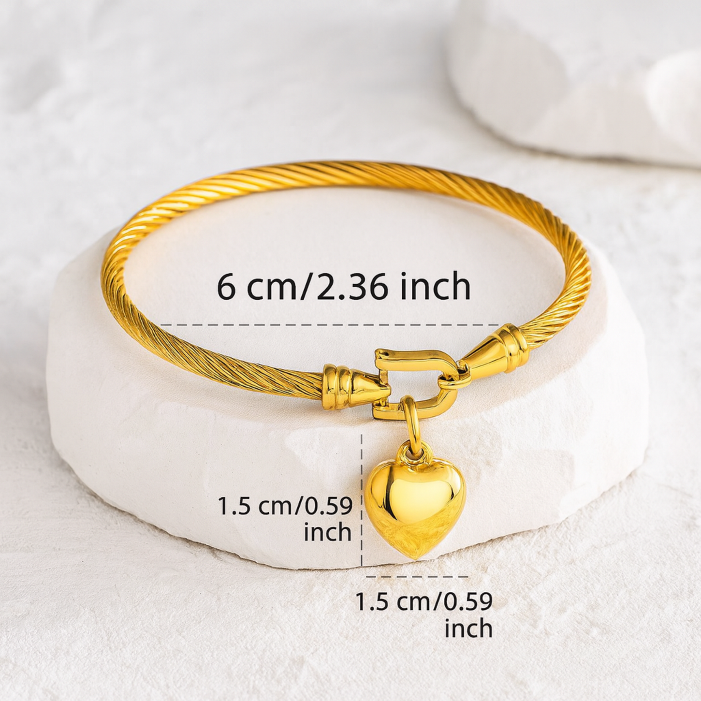 18K Gold Plated Heart Charm Bangle Bracelet