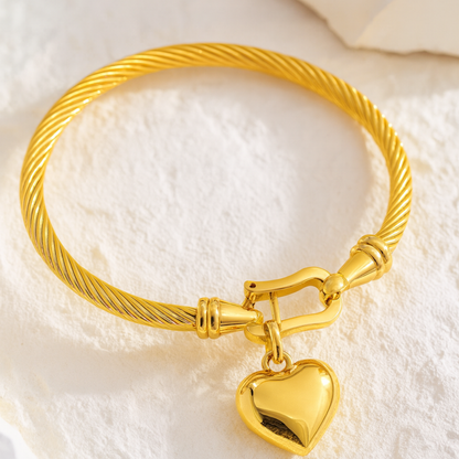 18K Gold Plated Heart Charm Bangle Bracelet