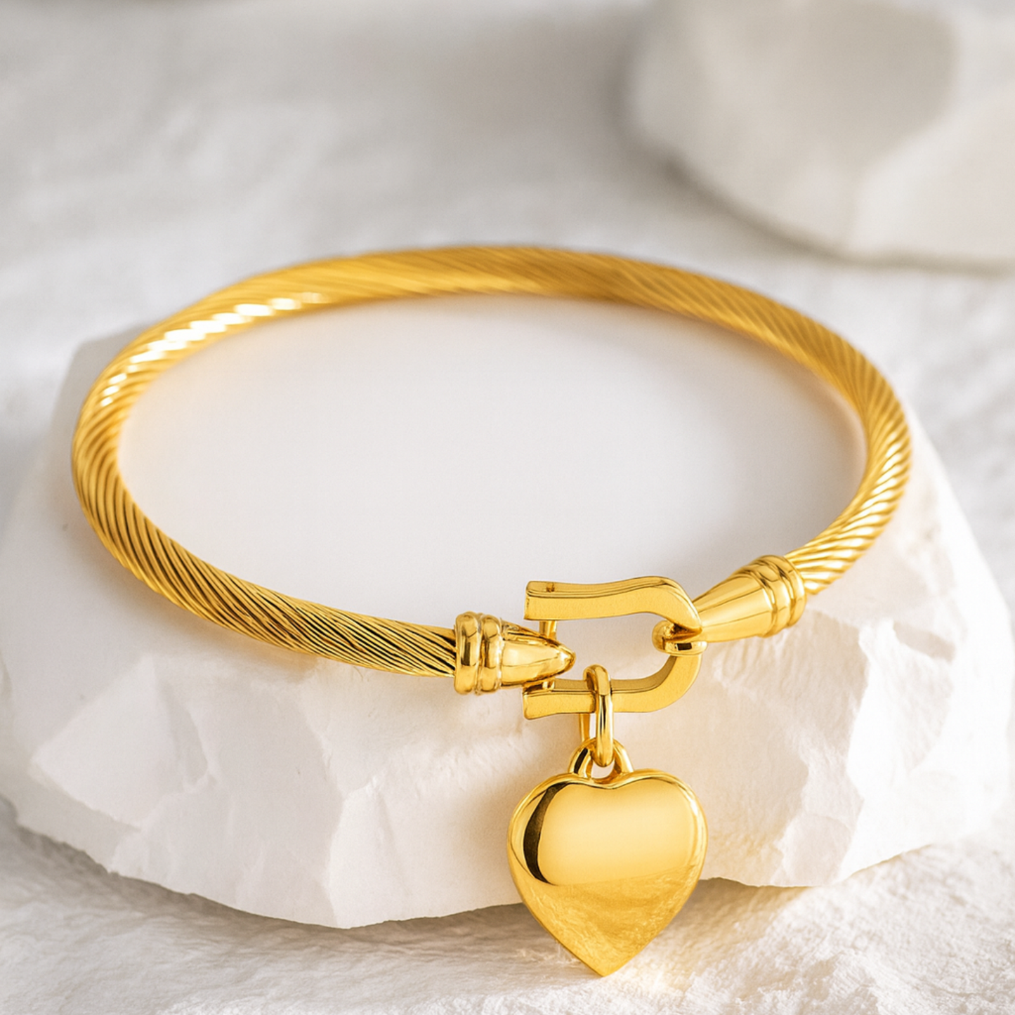 18K Gold Plated Heart Charm Bangle Bracelet
