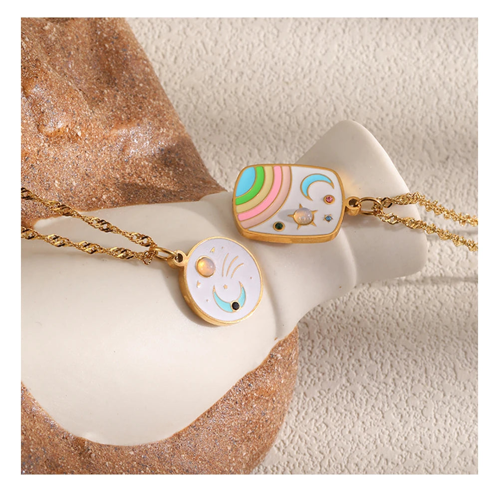 MamacitaSlay 316L Stainless Steel Rainbow Moon Star Enamel Necklace 18K Gold Plated Waterproof Jewelry For Women Everyday Wear