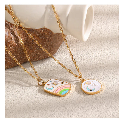 MamacitaSlay 316L Stainless Steel Rainbow Moon Star Enamel Necklace 18K Gold Plated Waterproof Jewelry For Women Everyday Wear