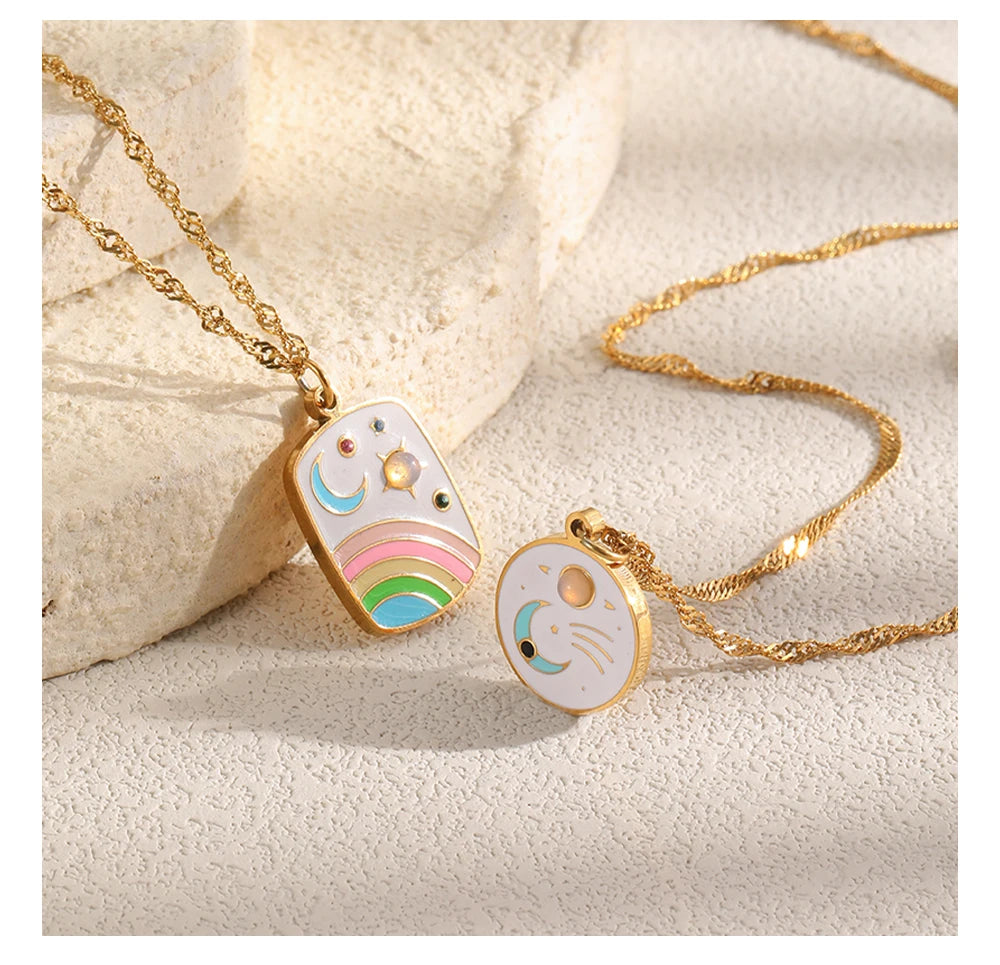 MamacitaSlay 316L Stainless Steel Rainbow Moon Star Enamel Necklace 18K Gold Plated Waterproof Jewelry For Women Everyday Wear