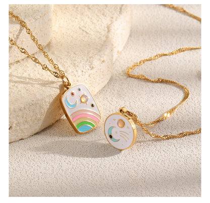 MamacitaSlay 316L Stainless Steel Rainbow Moon Star Enamel Necklace 18K Gold Plated Waterproof Jewelry For Women Everyday Wear
