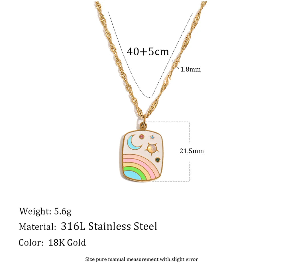 MamacitaSlay 316L Stainless Steel Rainbow Moon Star Enamel Necklace 18K Gold Plated Waterproof Jewelry For Women Everyday Wear