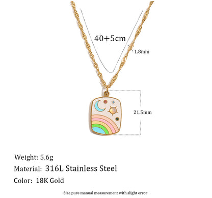 MamacitaSlay 316L Stainless Steel Rainbow Moon Star Enamel Necklace 18K Gold Plated Waterproof Jewelry For Women Everyday Wear