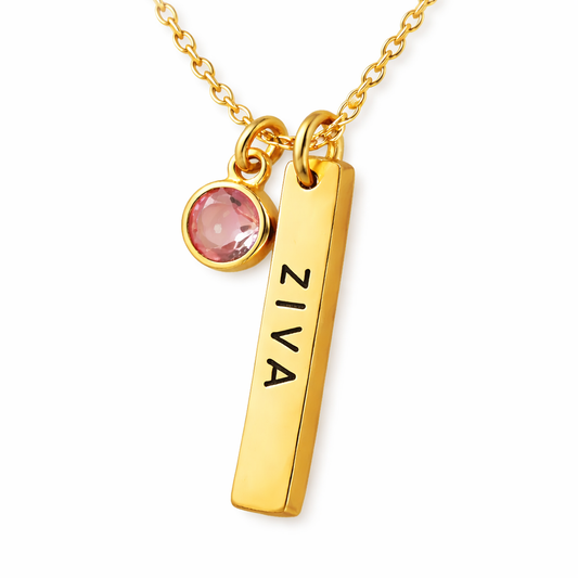 Story Bar Birthstone + Name Necklace