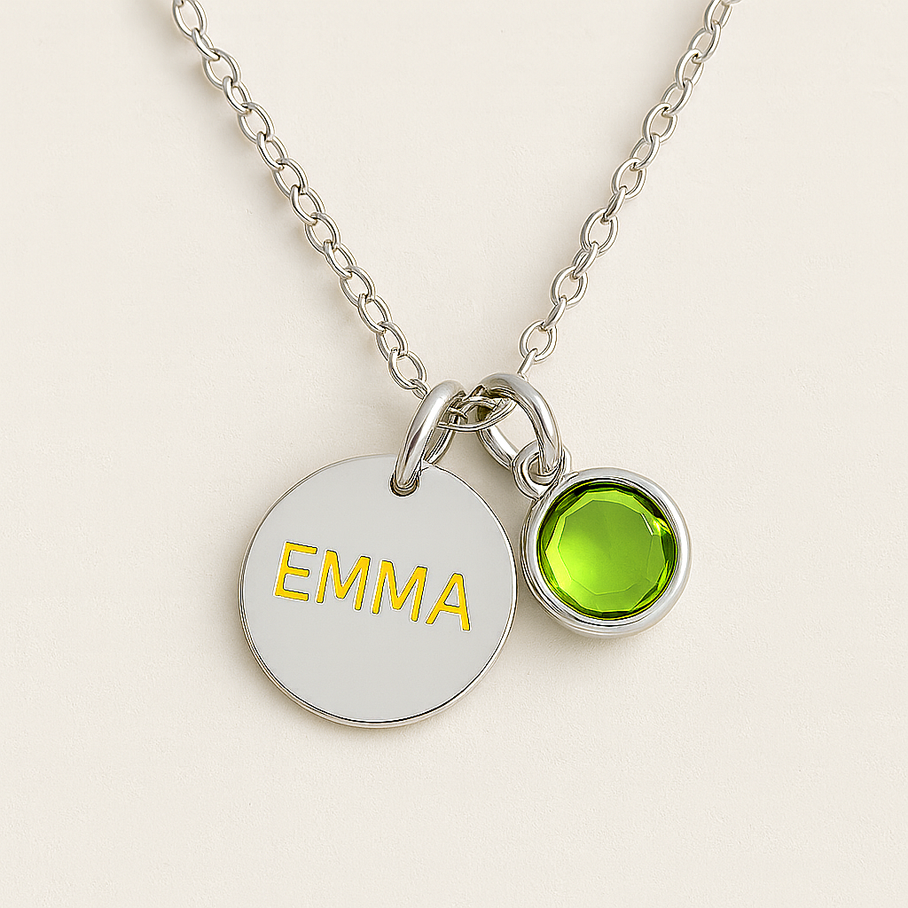 Elegant Birthstone Name Necklace – Personalized Gold, Rose Gold, Silver Charm with Birthstone
