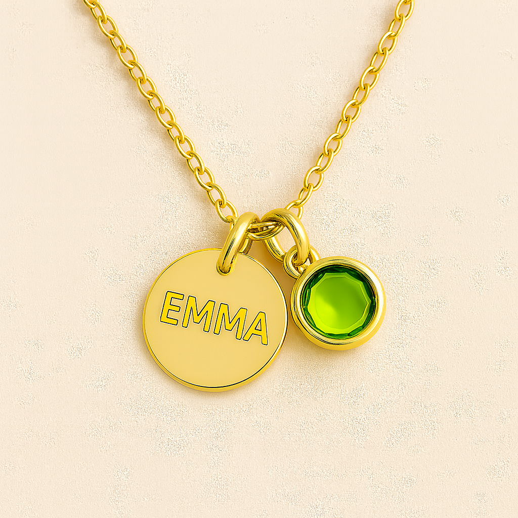 Elegant Birthstone Name Necklace – Personalized Gold, Rose Gold, Silver Charm with Birthstone