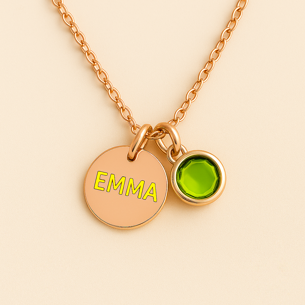 Elegant Birthstone Name Necklace – Personalized Gold, Rose Gold, Silver Charm with Birthstone