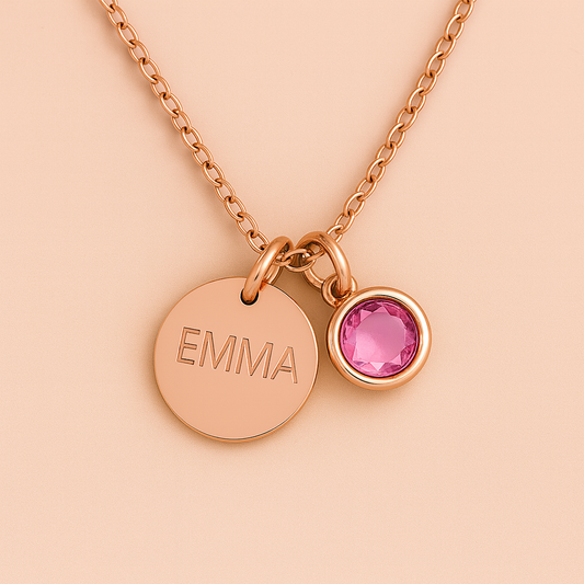 Elegant Birthstone Name Necklace – Personalized Gold, Rose Gold, Silver Charm with Birthstone