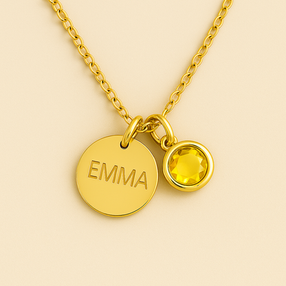Elegant Birthstone Name Necklace – Personalized Gold, Rose Gold, Silver Charm with Birthstone