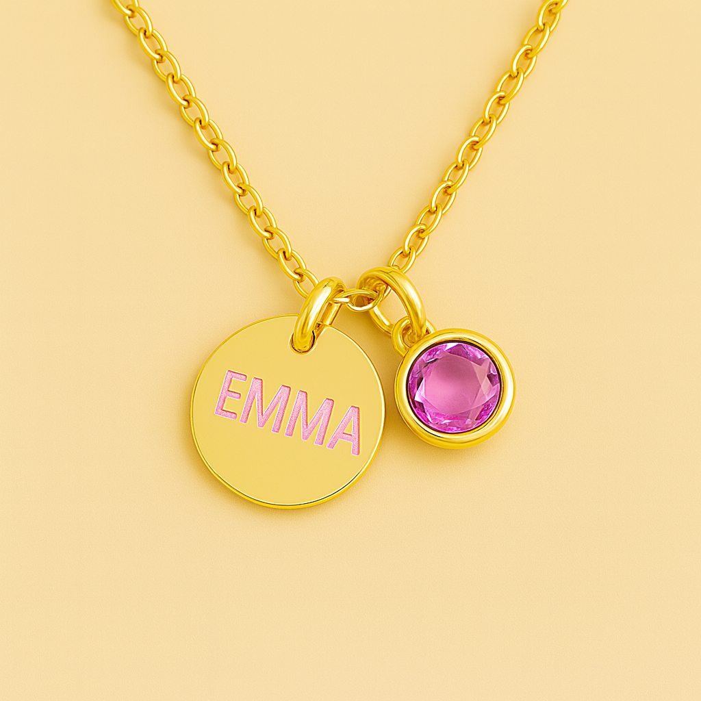 Elegant Birthstone Name Necklace – Personalized Gold, Rose Gold, Silver Charm with Birthstone