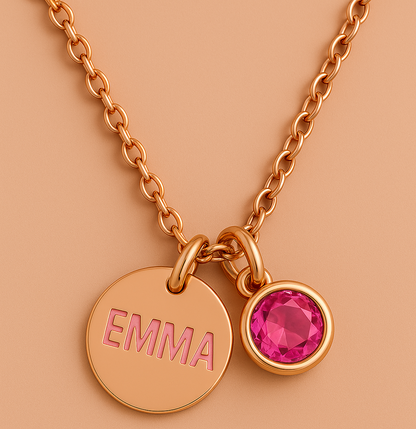 Elegant Birthstone Name Necklace – Personalized Gold, Rose Gold, Silver Charm with Birthstone