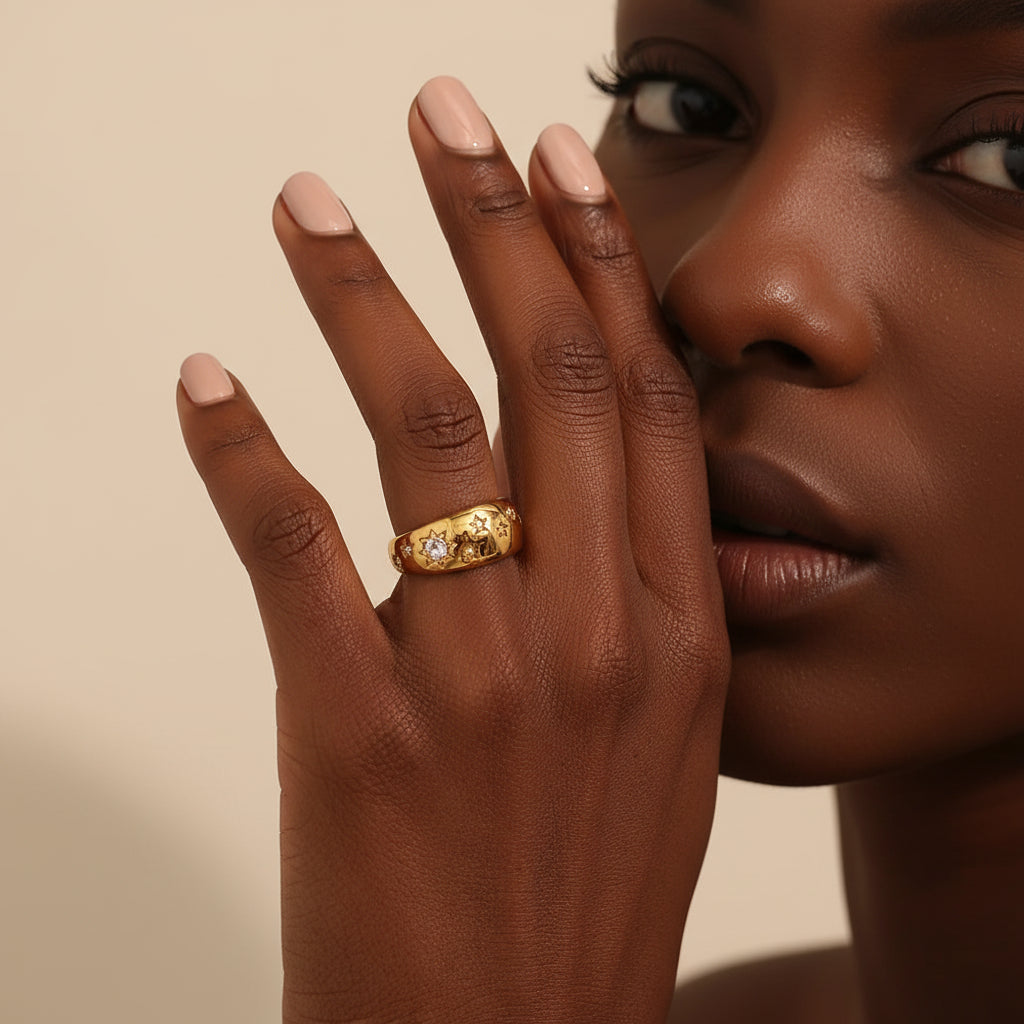 Close-up of a woman's hand wearing a gold ring with a diamond, against a neutral background.