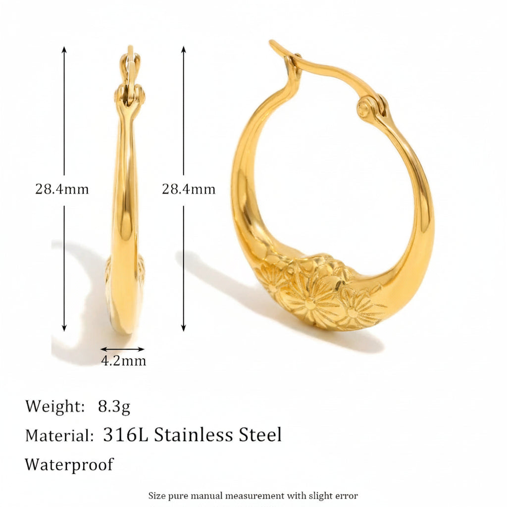 Gold hoop earrings with measurements and material details on a white background