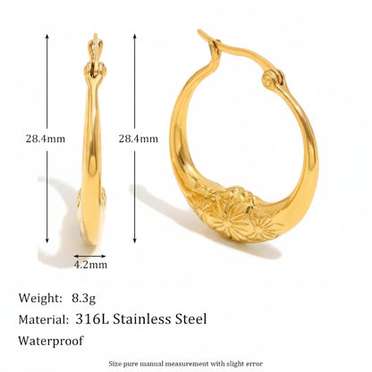 Gold hoop earrings with measurements and material details on a white background