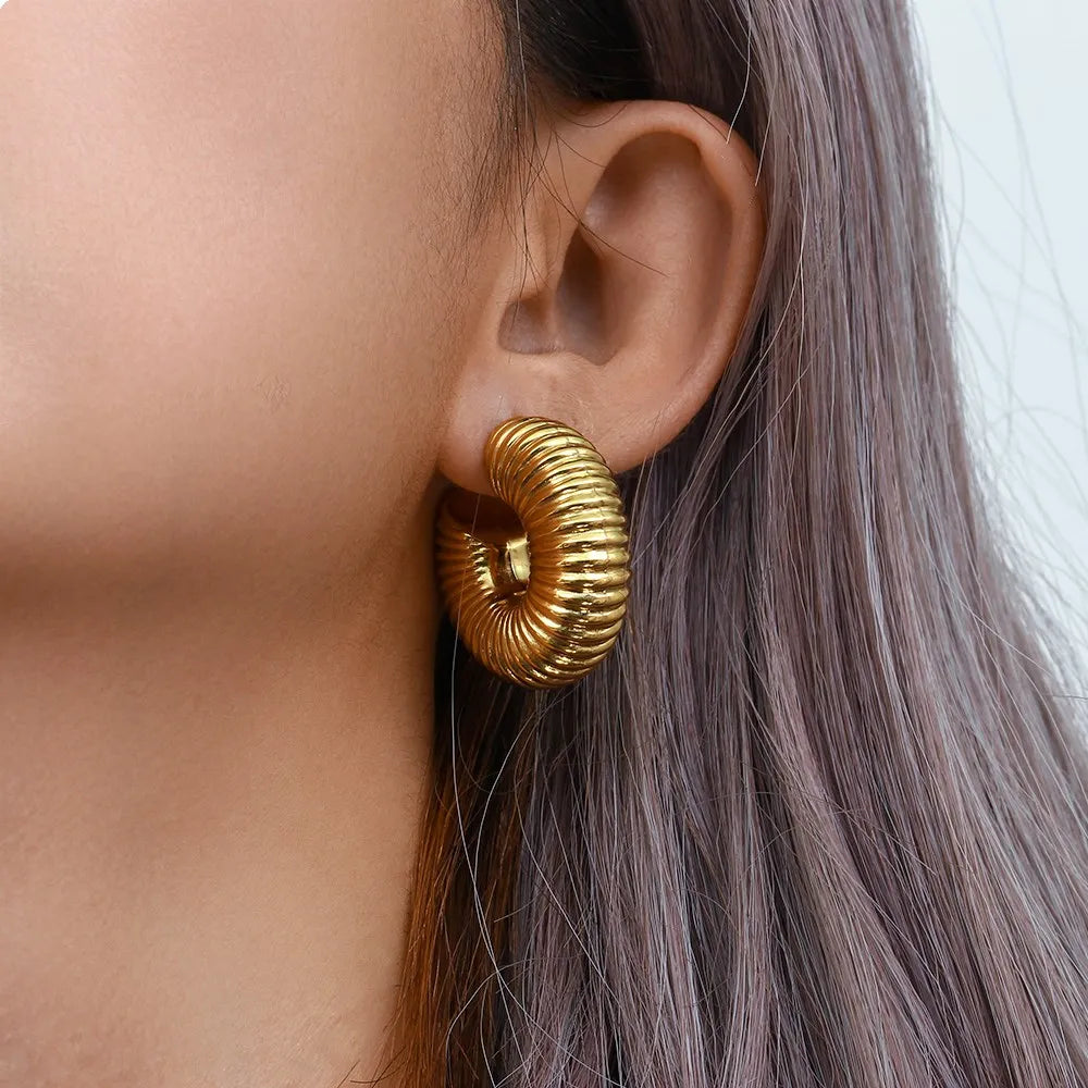 MamacitaSlay 316L Stainless Steel Smooth Ribbed C Shaped Earrings 18K Gold Plated Waterproof Jewelry For Women Everyday Wear