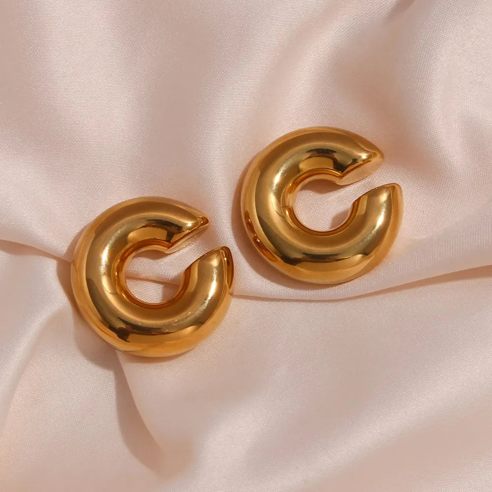 MamacitaSlay 316L Stainless Steel Smooth Ribbed C Shaped Earrings 18K Gold Plated Waterproof Jewelry For Women Everyday Wear