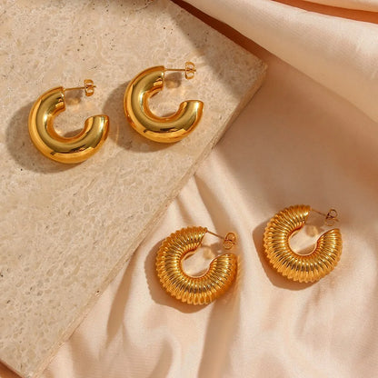 MamacitaSlay 316L Stainless Steel Smooth Ribbed C Shaped Earrings 18K Gold Plated Waterproof Jewelry For Women Everyday Wear