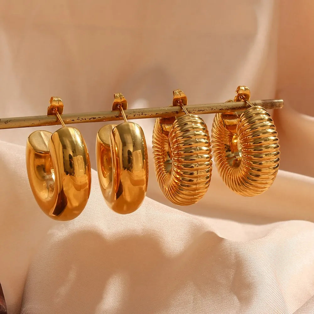 MamacitaSlay 316L Stainless Steel Smooth Ribbed C Shaped Earrings 18K Gold Plated Waterproof Jewelry For Women Everyday Wear