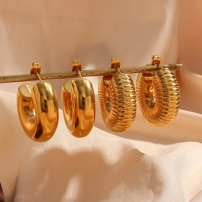 MamacitaSlay 316L Stainless Steel Smooth Ribbed C Shaped Earrings 18K Gold Plated Waterproof Jewelry For Women Everyday Wear